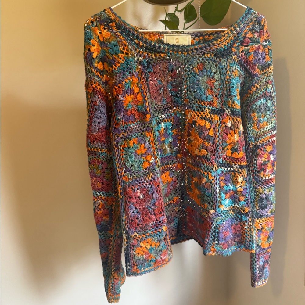 🌈 Vintage Colorful Crochet Granny Square 90’s Y2K Women Knit Festival Sweater 🌈
